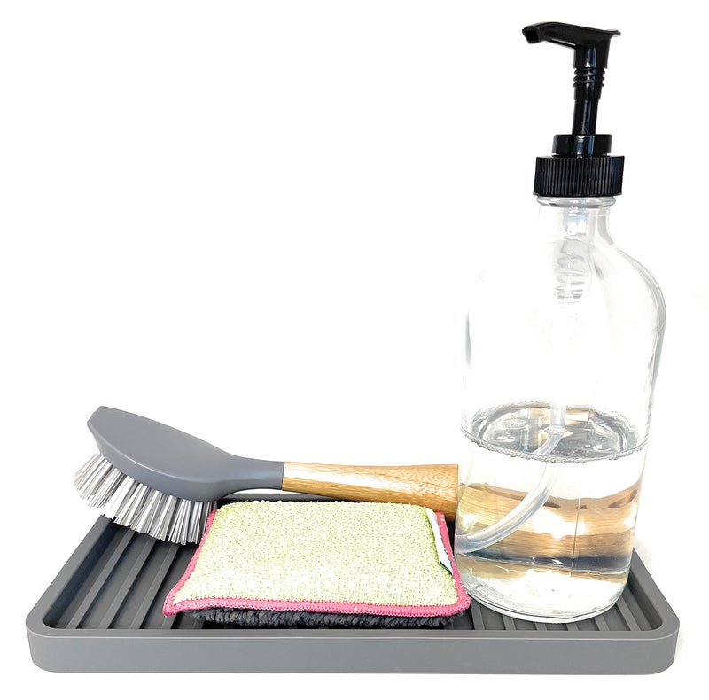 Happitasa Silicone Kitchen Sink Organizer Tray, Sponge Holder and Countertop Protector | Bathroom and Kitchen Soap Dish and Dispenser Tray (Grey, 10"x5.25") - Image 2